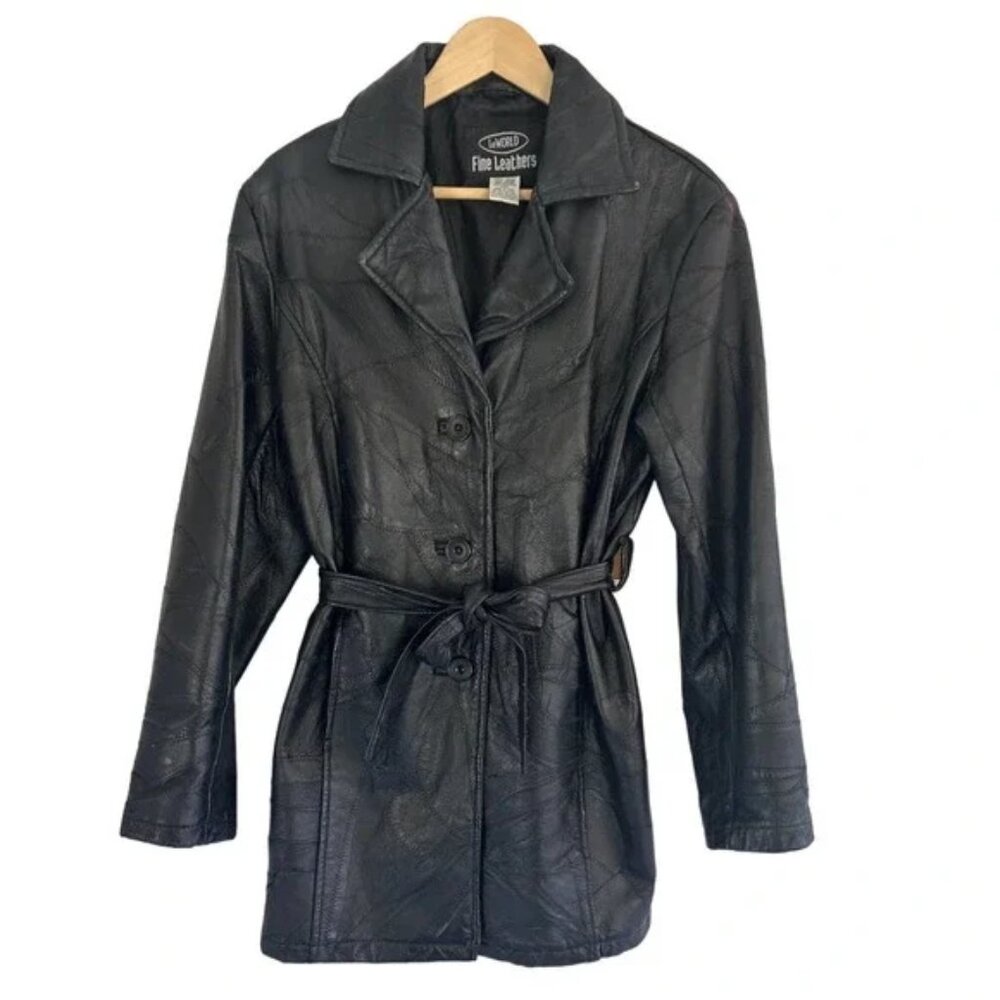 Vintage LeWorld Sz L Black‎ Leather Belted Trench Coat Patchwork Jacket Flaws
